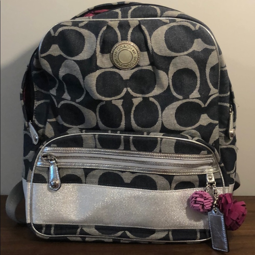 Coach Denim Signature Leather Trim Backpack